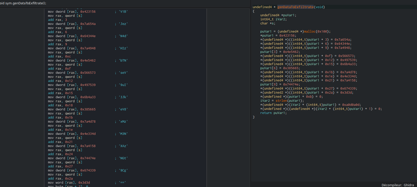 Disassembly of a function with data to exfiltrate