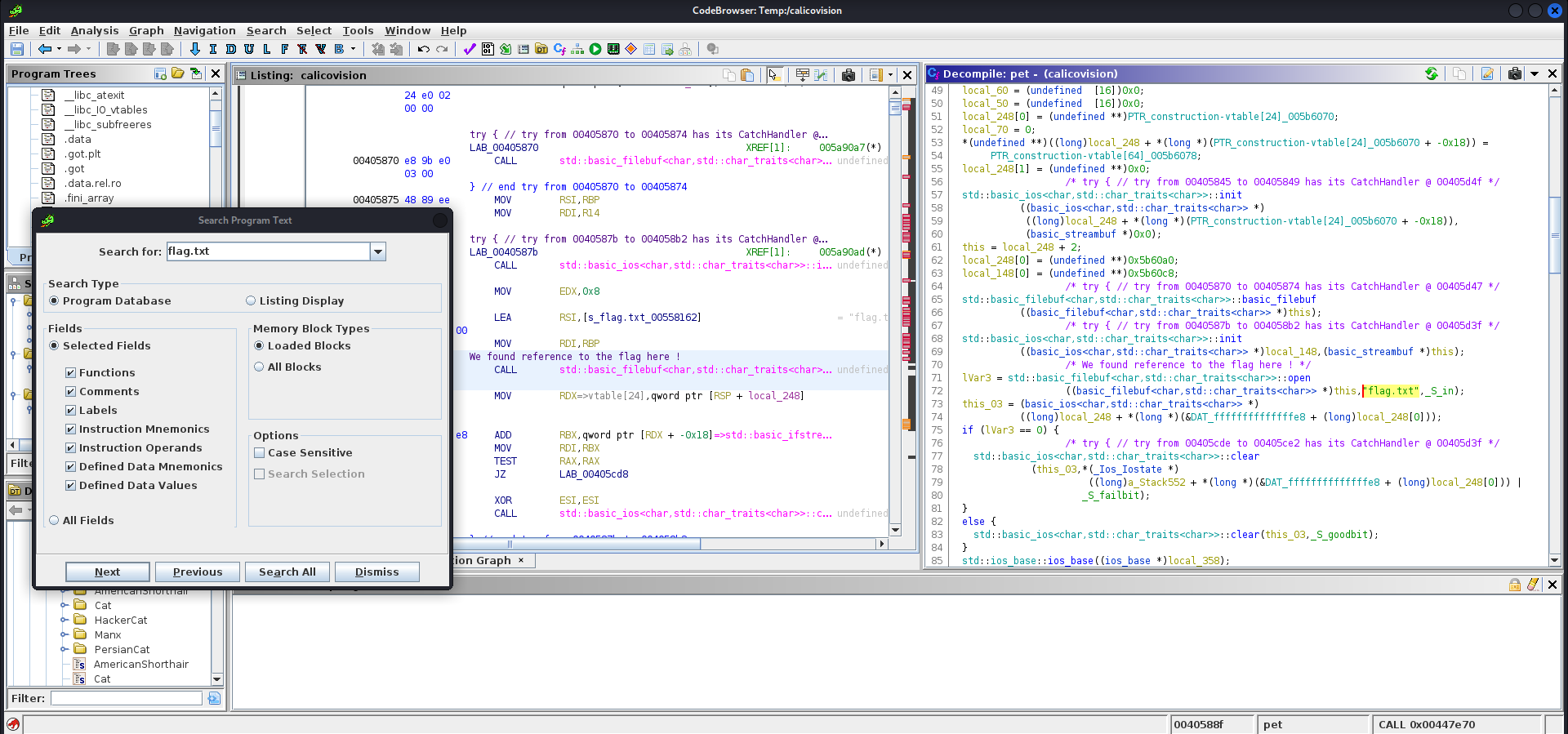 Ghidra disassembly of a function containing the flag