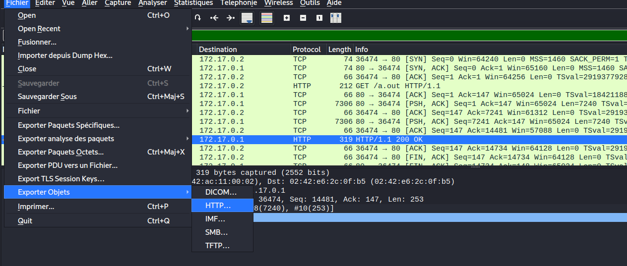 Wireshark view of the pcap